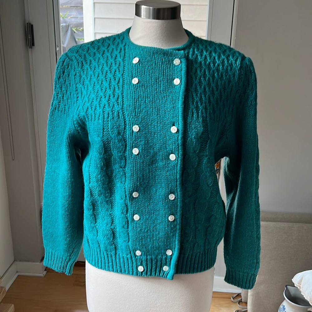 Gorgeous turquoise wool sweater with pearl flower buttons